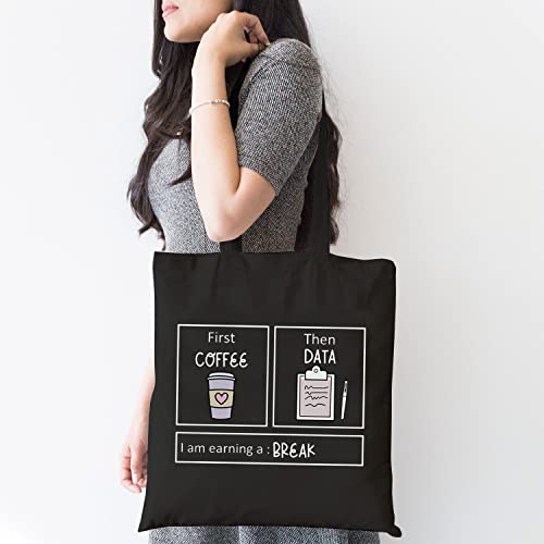 TSIIUO Women's First Coffee Then Data Canvas Tote Bag Funny Coffee Lover Shoulder Bags Aesthetic Reusable Shopping Bag Black