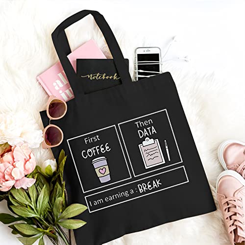 TSIIUO Women's First Coffee Then Data Canvas Tote Bag Funny Coffee Lover Shoulder Bags Aesthetic Reusable Shopping Bag Black