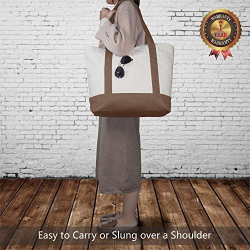 TOPDesign Stylish Canvas Tote Bag with an External Pocket, Top Zipper Closure, Daily Essentials (Brown/Natural)