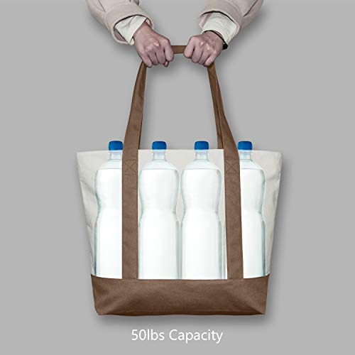 TOPDesign Stylish Canvas Tote Bag with an External Pocket, Top Zipper Closure, Daily Essentials (Brown/Natural)