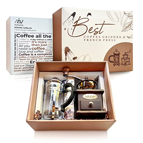 FRENCH COFFEE KIT, FRENCH PRESS & COFFEE GRINDER, COFFEE GIFT BOX, COFFEE SET, ANTIQUE STYLE COFFEE KIT, WOODEN MANUAL COFFEE GRINDER, HEAT-RESISTANT GLASS