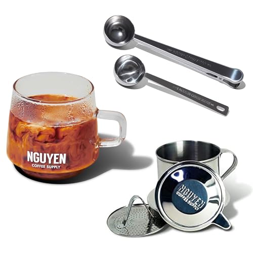 NGUYEN COFFEE SUPPLY - Coffee Brewing Tool Starter Kit with Glass Mug, Coffee Scoop Set, and Stainless Steel 4oz Phin Filter: Authentic Vietnamese Coffee Brewing Tools for Home