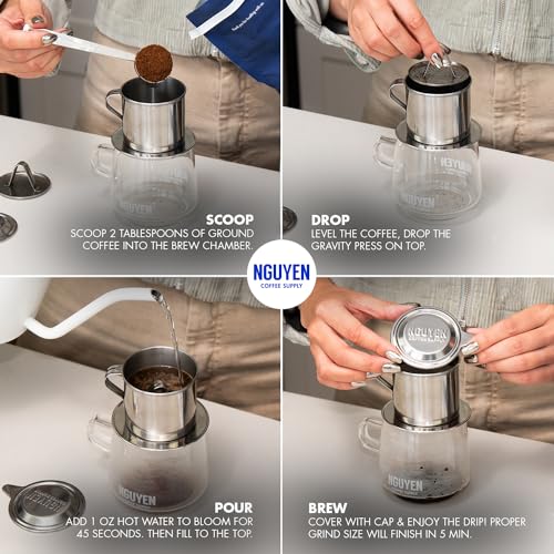 NGUYEN COFFEE SUPPLY - Coffee Brewing Tool Starter Kit with Glass Mug, Coffee Scoop Set, and Stainless Steel 4oz Phin Filter: Authentic Vietnamese Coffee Brewing Tools for Home