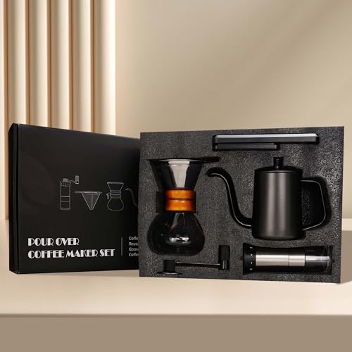 SuperCook Pour Over Coffee Kit Dripper Set, All in One Set Includes Gooseneck Kettle, Reusable Filter, Coffee Chemex Server, Manual Grinder, Coffee Scale, Ideal for Anniversary Birthday Gift