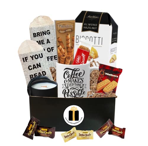 Coffee Lover's Deluxe Gift Set: Mug, Socks, Snacks