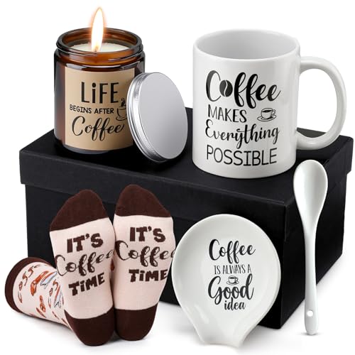 Vabean Coffee Lover Gift Set: Mug, Candle, Socks