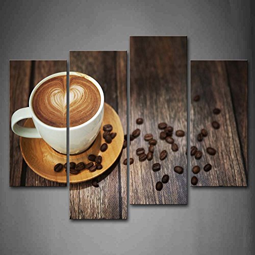 Brown Coffee Heart Pattern White Cup Canvas Wall Art