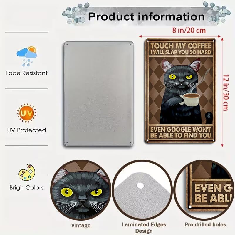 Funny Black Cat Tin Sign for Coffee Lovers
