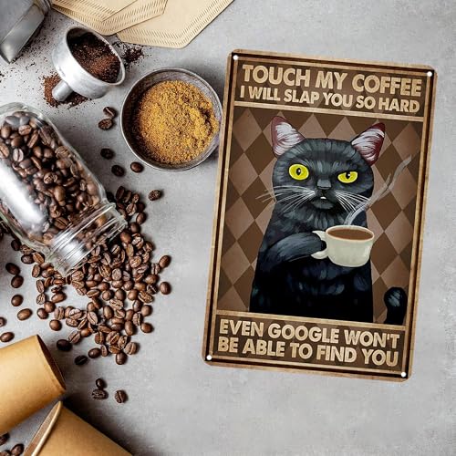 Funny Black Cat Tin Sign for Coffee Lovers