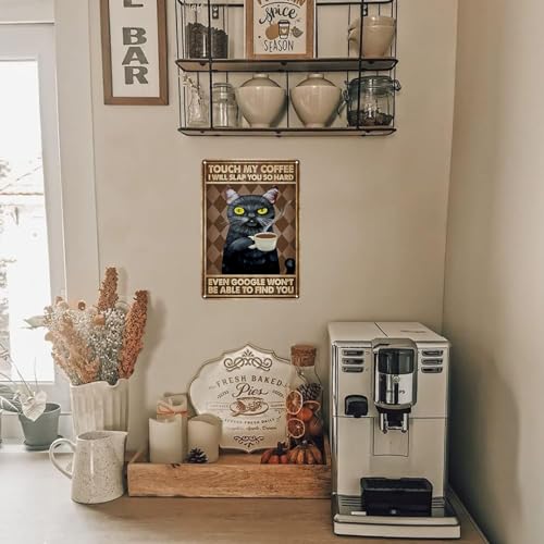 Funny Black Cat Tin Sign for Coffee Lovers