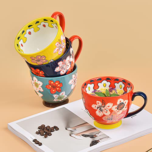Hand Painted Floral Ceramic Coffee Mugs Set