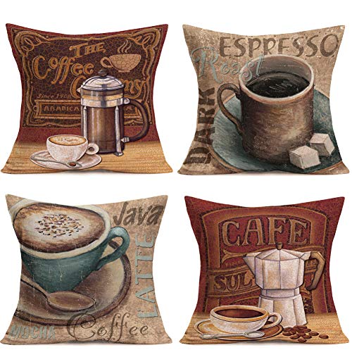 Retro Coffee Theme Pillow Covers, Set of 4