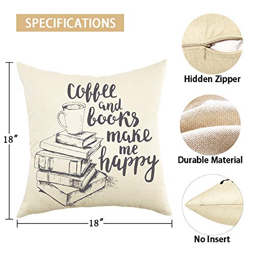 Motivational Coffee and Books Quote Pillow Cover 18"x18