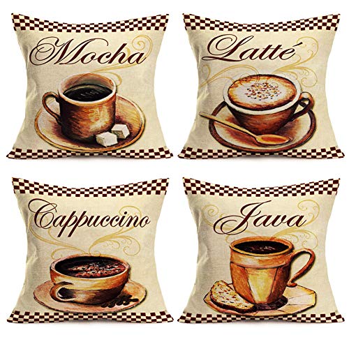 Vintage Coffee Print Throw Pillow Covers 4 Pack
