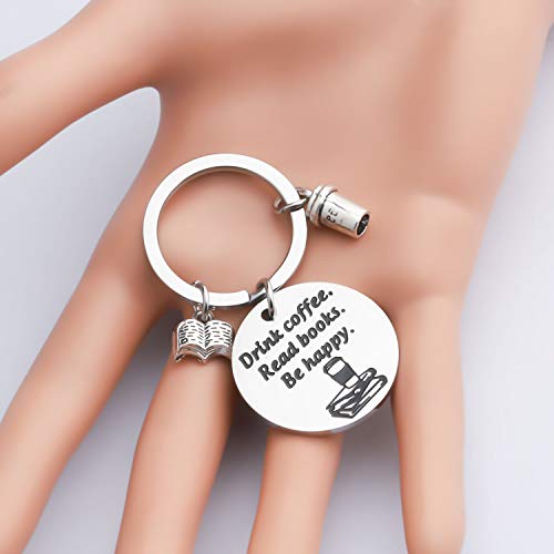 BEKECH Book Lovers Coffee Keychain Gift Silver