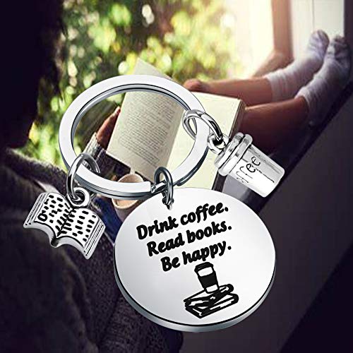 BEKECH Book Lovers Coffee Keychain Gift Silver