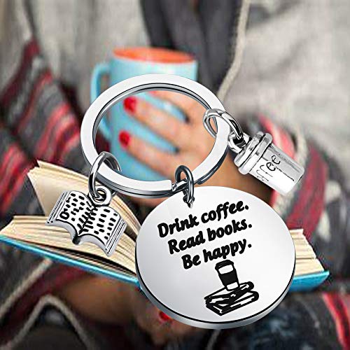 BEKECH Book Lovers Coffee Keychain Gift Silver