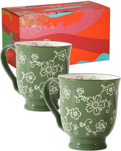 KUNABOO Ceramic Coffee Mug Set - Sakura Floral Green