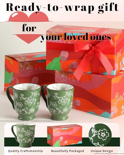 KUNABOO Ceramic Coffee Mug Set - Sakura Floral Green