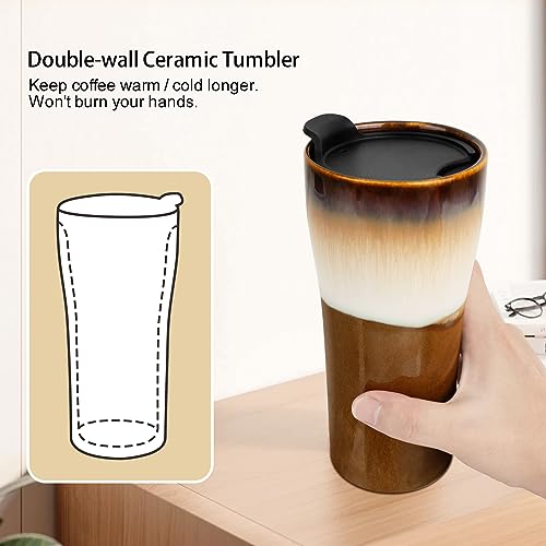 15oz Double Wall Ceramic Travel Coffee Mug with Lid