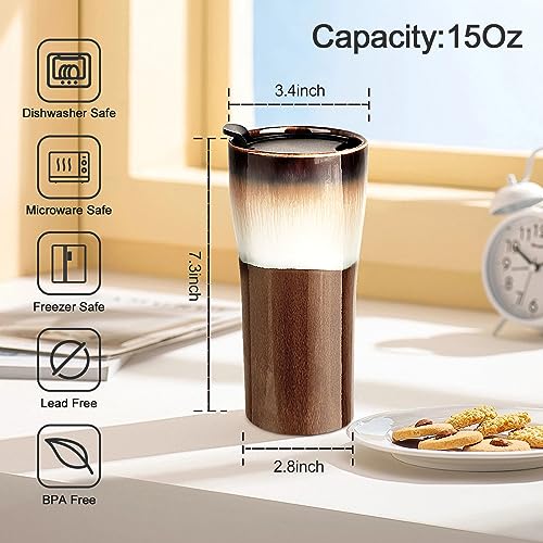 15oz Double Wall Ceramic Travel Coffee Mug with Lid
