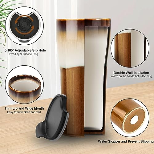 15oz Double Wall Ceramic Travel Coffee Mug with Lid