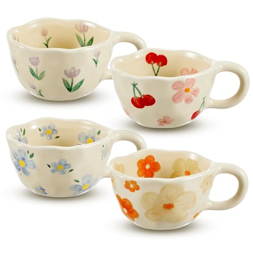 Vesici 4 Pcs Flower Ceramic Coffee Mugs 8.5 oz