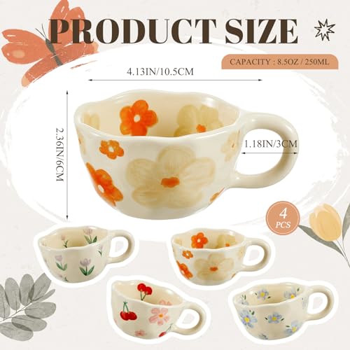Vesici 4 Pcs Flower Ceramic Coffee Mugs 8.5 oz