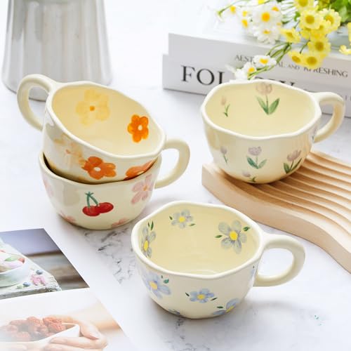 Vesici 4 Pcs Flower Ceramic Coffee Mugs 8.5 oz