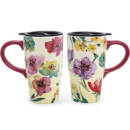 Handmade Ceramic Flower Travel Mug, 16oz, Colorful