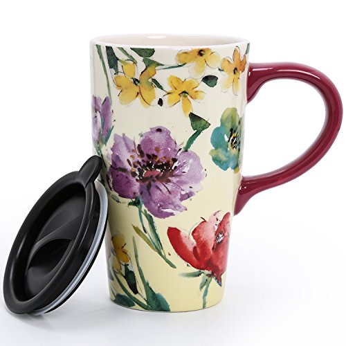 Handmade Ceramic Flower Travel Mug, 16oz, Colorful