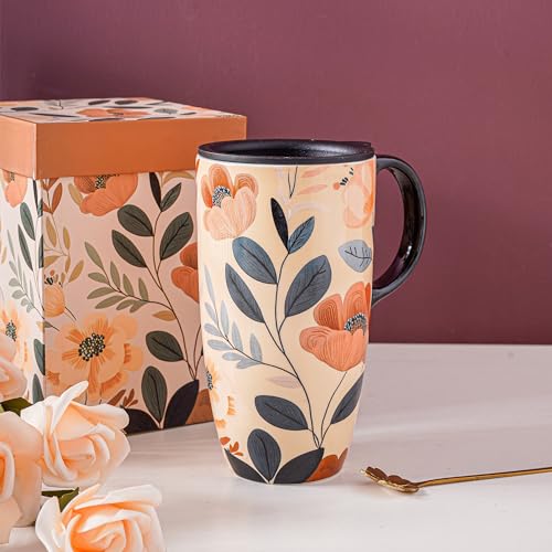 Topadorn Ceramic Travel Mug with Lid, Handle 17oz