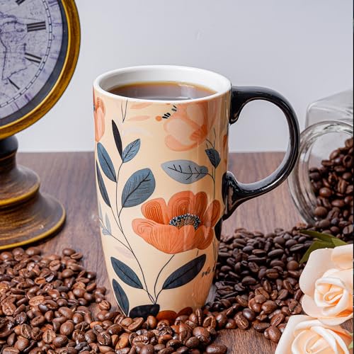 Topadorn Ceramic Travel Mug with Lid, Handle 17oz