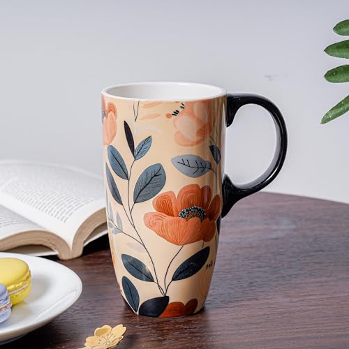 Topadorn Ceramic Travel Mug with Lid, Handle 17oz