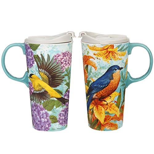 Goldfinch Ceramic Coffee Mugs with Lid - Set of 2