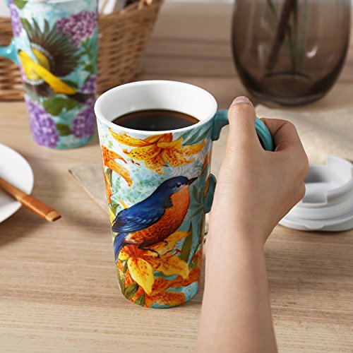 Goldfinch Ceramic Coffee Mugs with Lid - Set of 2