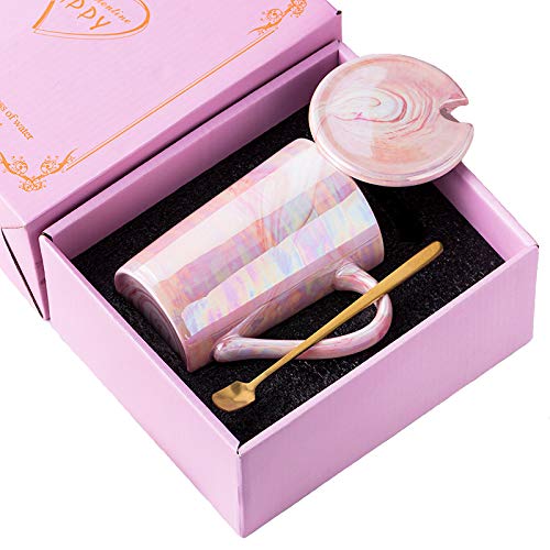 Marble Coffee Mug Set with Gold Spoon & Lid