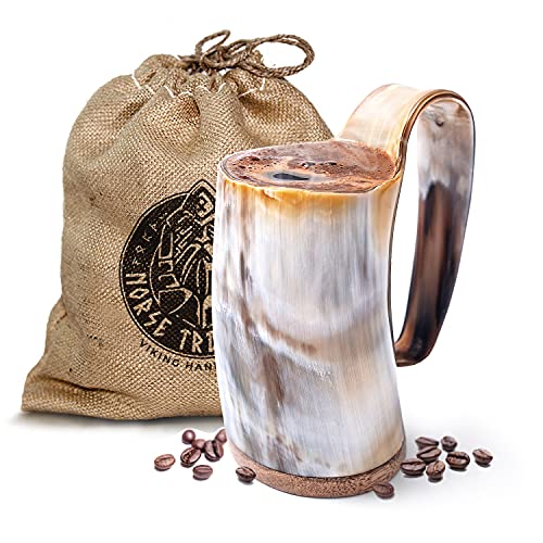 12 oz Handcrafted Norse Horn Coffee Mug with Hardwood Base
