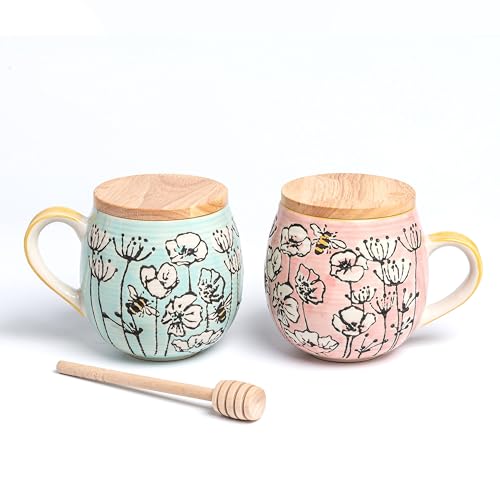 Handpainted Ceramic Coffee Mugs Set - Bee and Floral