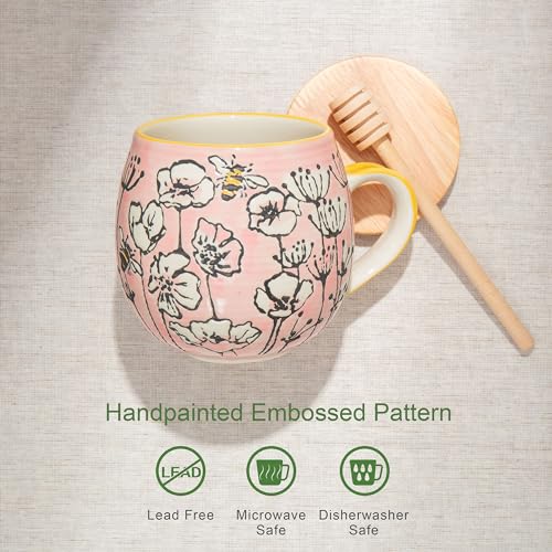 Handpainted Ceramic Coffee Mugs Set - Bee and Floral