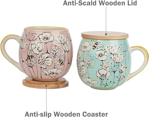 Handpainted Ceramic Coffee Mugs Set - Bee and Floral