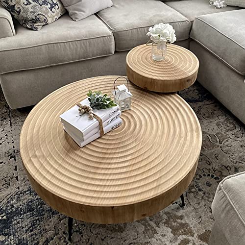 Boho Wooden Nesting Coffee Table Set, Round Finish