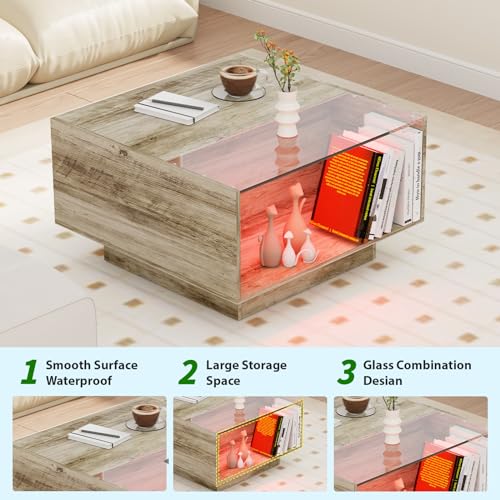 LED Coffee Table with Storage Drawers, 16 Colors