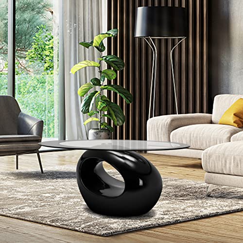 Oval Glass Coffee Table with High Gloss Base & Tempered Glass Top