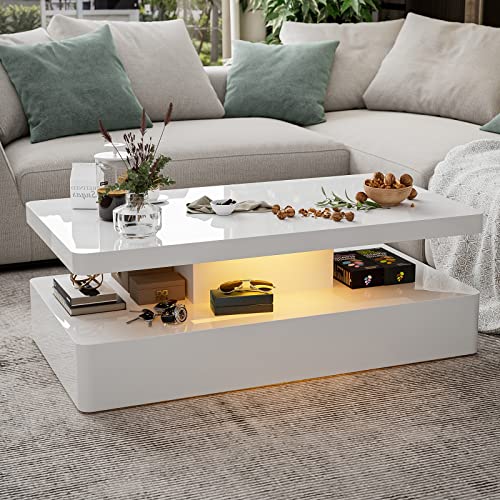 Glossy White LED Coffee Table: Modern Design, 2 Tiers