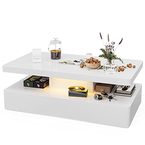 Glossy White LED Coffee Table: Modern Design, 2 Tiers