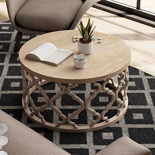 Round Natural Farmhouse Coffee Table with Curved Frame