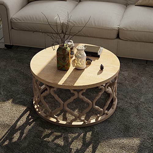 Round Natural Farmhouse Coffee Table with Curved Frame