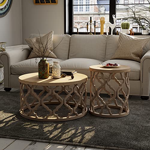 Round Natural Farmhouse Coffee Table with Curved Frame