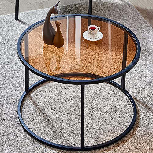 Round Glass Coffee Table with Metal Frame, Modern